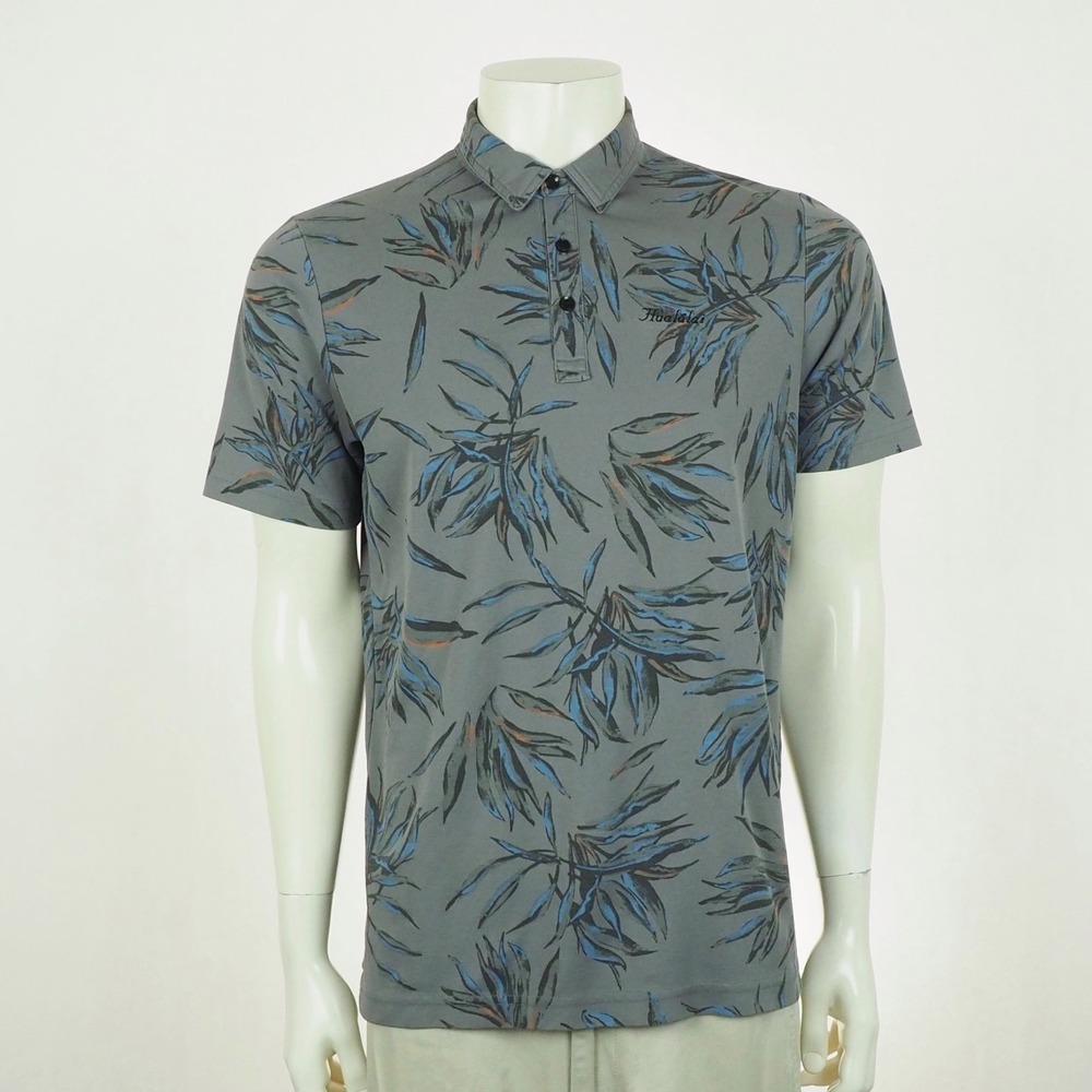 Travis Mathew Golf Polo Shirt Mens Medium Gray Floral Pique AOP Hualalai Hawaii